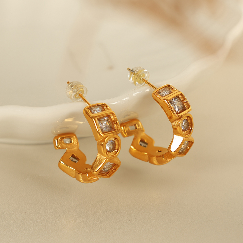 1 Pair Simple Series Simple Geometric Stainless Steel  Gold Color Zircon Women's Hoop Earrings h5 